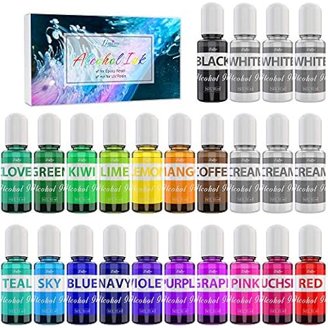 Alcohol Ink Set - 24 x 10ml Alkohol Tinte zur Epoxidharz, Malerei, Petrischalen Herstellung - Konzentrierter Harztinte Alkoholtinte Farbe mit 6 weißen Farbtinten für Harz Kunst, Untersetzer, Malen Cover