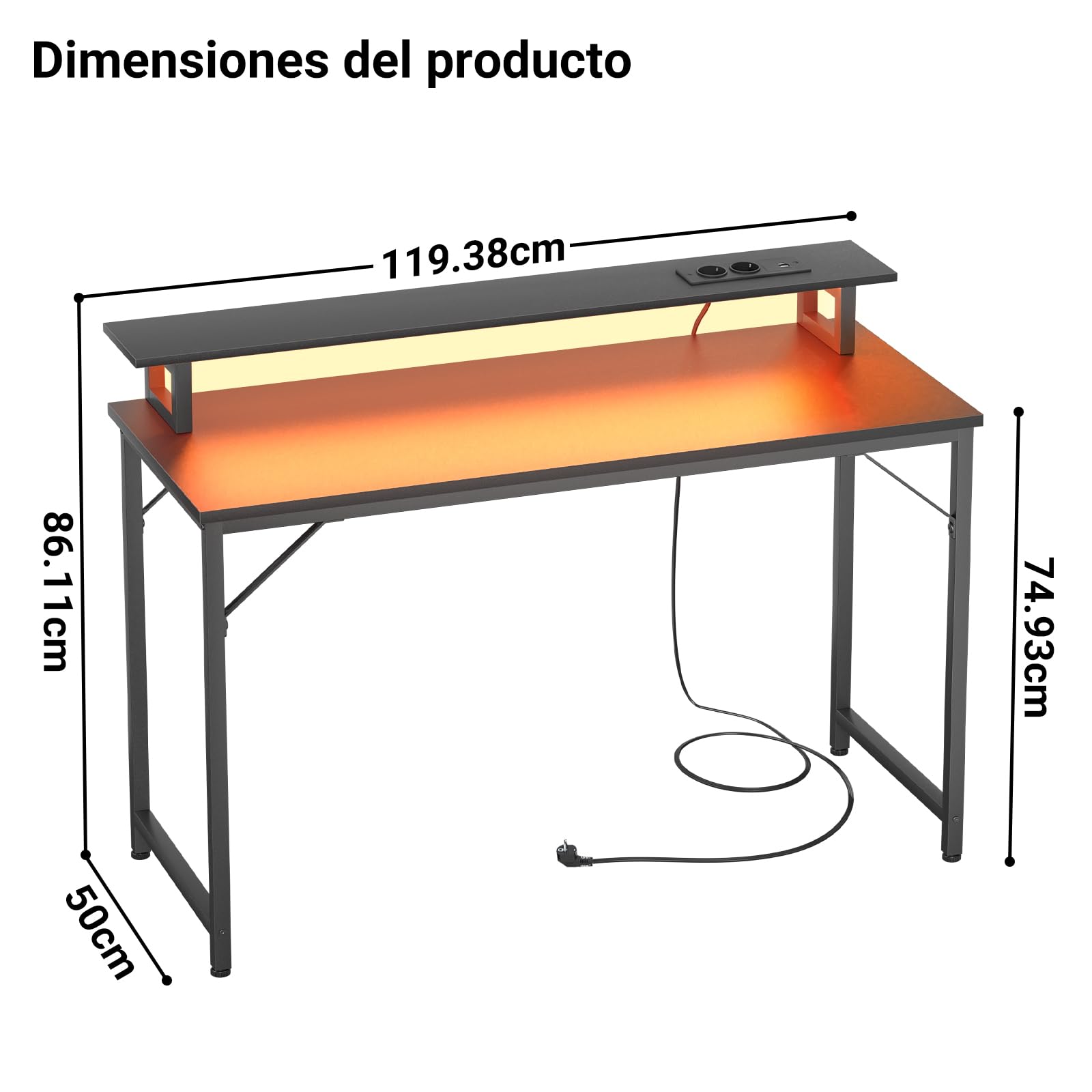 iSunirm Mesa Gaming con LED y Enchufes 120x50cm, Escritorio Gaming con Soporte para Monitor y Puertos USB, Escritorio Pequeño para Ordenador para Habitación y Oficina, Negro