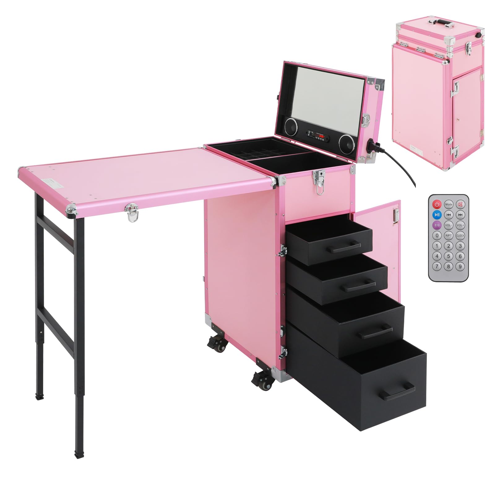 Valigetta cosmetica trolley 2 in 1, grande valigetta cosmetica, con ruote e 4 cassetti, in alluminio, rosa., Valigetta per cosmetici 2 in 1