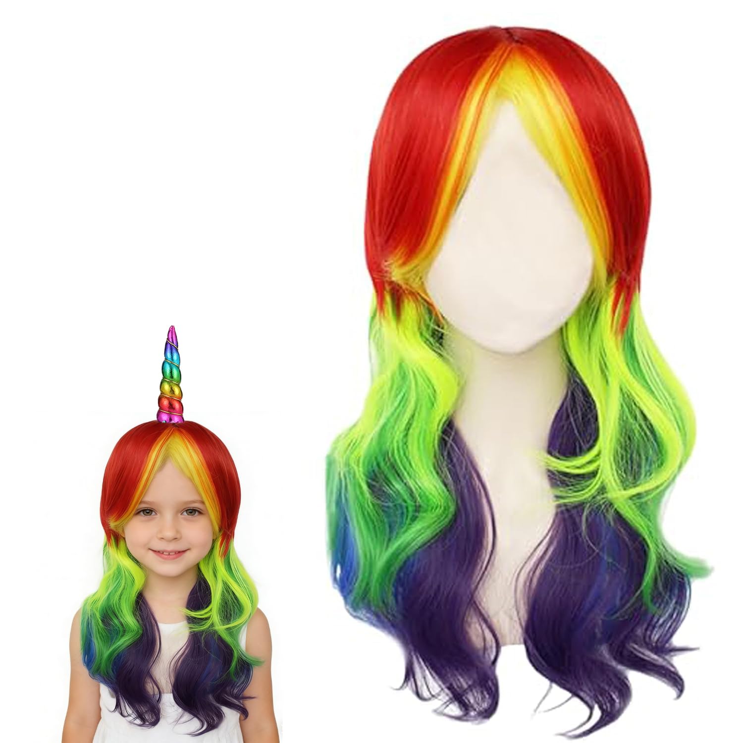 CWENDANER Damen Perücke Regenbogen (60cm/24 Zoll) – Bunte Einhorn Wellige Langhaarperücke für Damen & Mädchen – Ideal für Cosplay, Karneval, Fasching & Halloween Kostüme – Inkl. Wig Cap