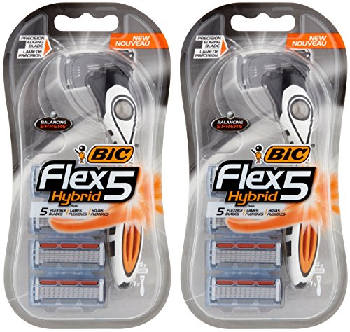 Bic Flex 5 Hybrid Razor - 5-Bladed Razor Heads - 1 Count Handle & 4 Count Cartridges Per Package - Pack of 2 Packages