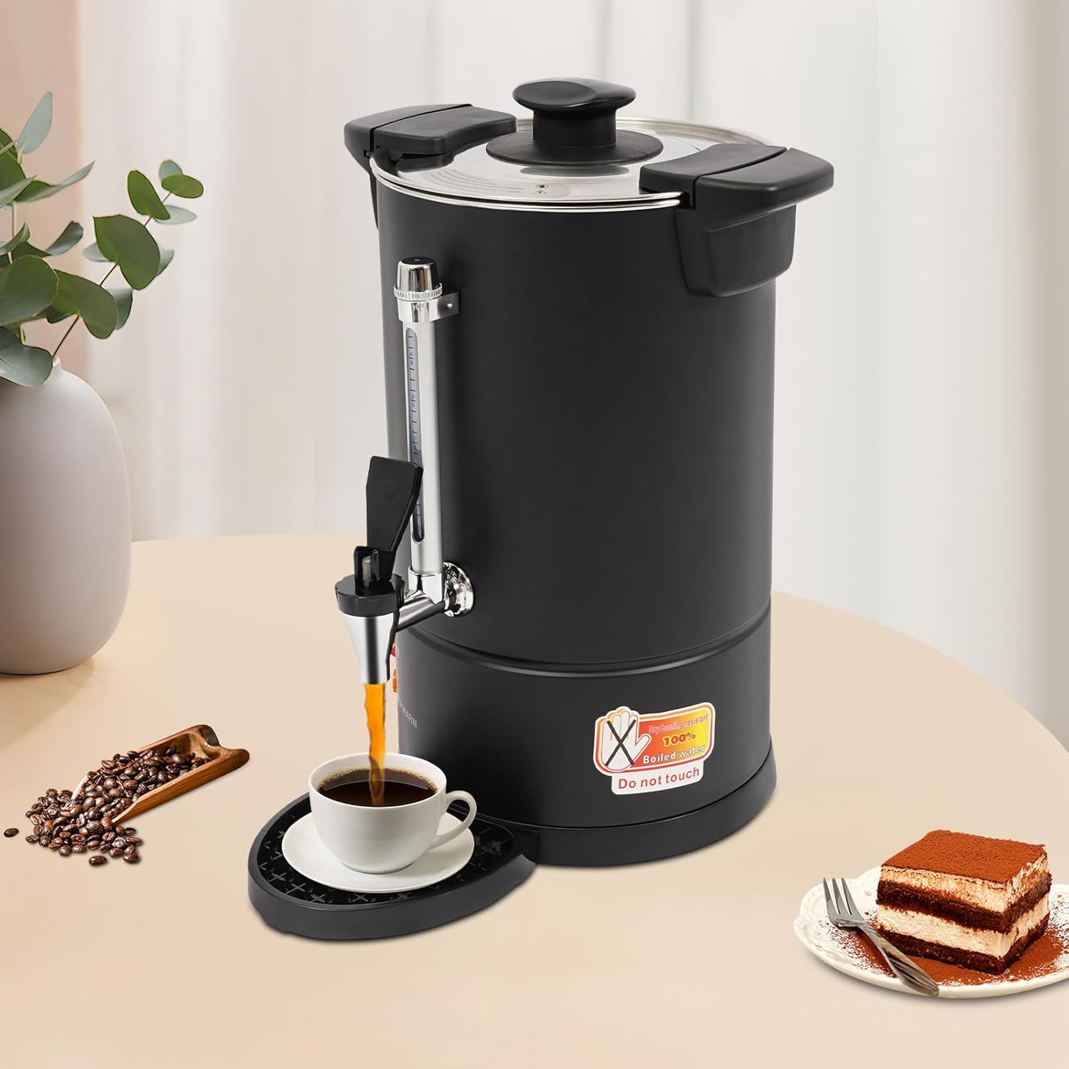 8L Black Stainless Coffee Pot, 120V 1500W Electric Urn with Removable Drip Tray, Touch Panel, 6-12h Keep-Warm, Double-Wall 304 Steel, Cool-Touch Handle, Buffet Office Catering, ETL Listed