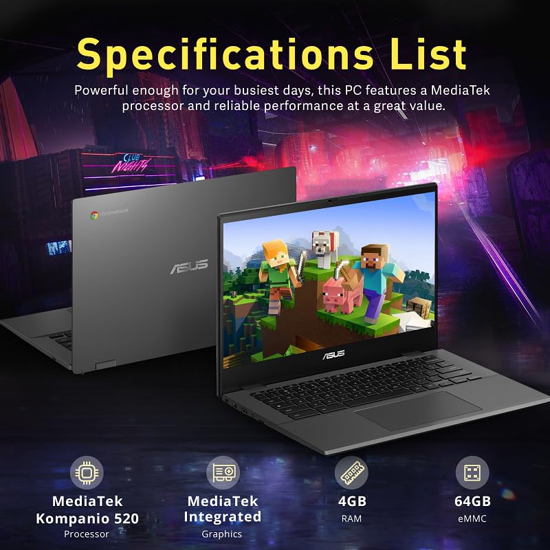 ASUS Chromebook CM1402 - Computer portatile antiriflesso FHD da 14", MediaTek Kompanio 520, 4 GB LPDDR4X, 64 GB eMMC, webcam HD, WiFi 6, Bluetooth, Chrome OS, Gravity Gray, scheda USB Hotface da 128