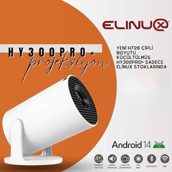 HY300Pro+ Android 14 Projektör, 720P Çözünürlük, 170 ANSI Lümen, Wi-Fi 6, Bluetooth 5.4, 4K Destekli, Otomatik Düzeltme, 30-130 inç Görüntü, Beyaz