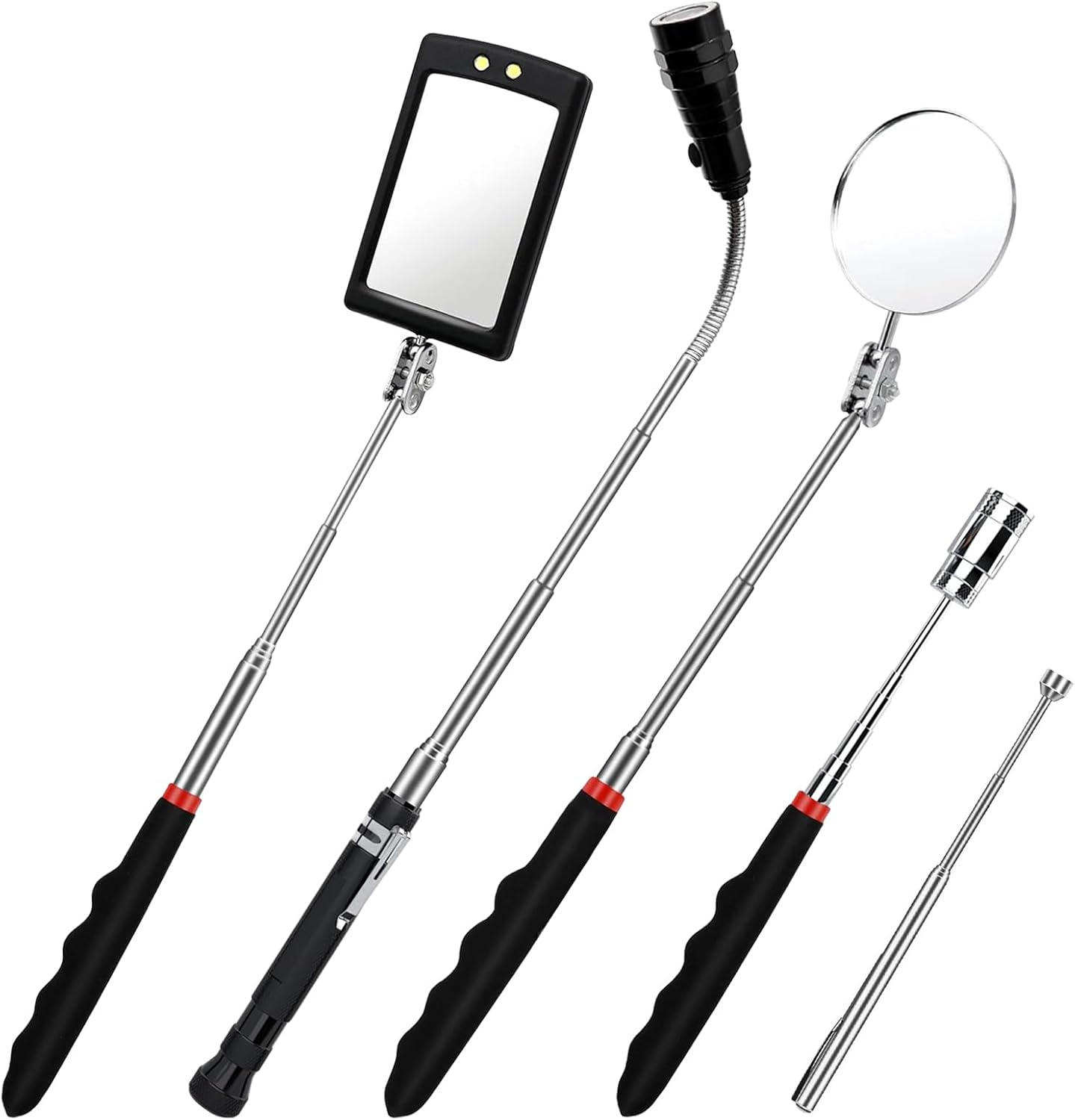 5 Pcs Telescoping Magnetic Pickup Tool Set with 1&15 lb Pickup Rod, Round and Square 360 Swivel Adjustable Inspection Mirror & Mechanic's Telescopic Flexible Flashlight, Gifts for Him, Husband, Men