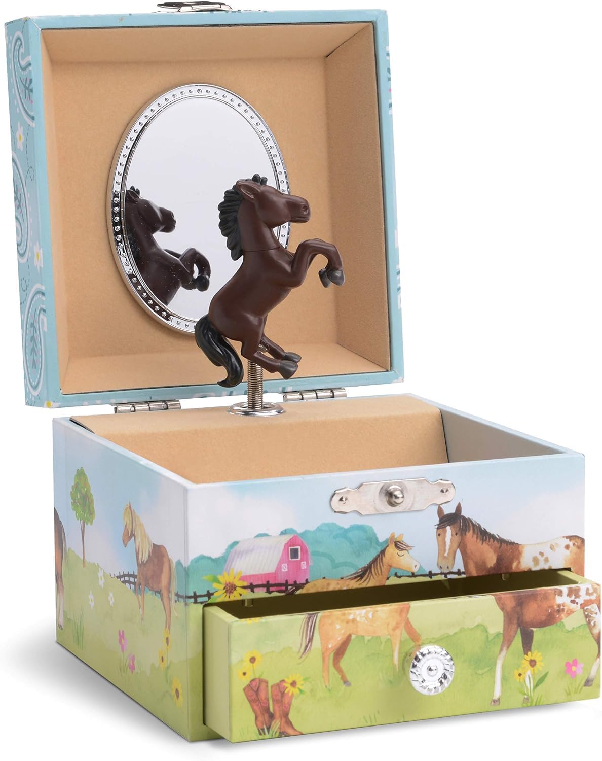 Jewelkeeper Kids Musical Jewelry Box for Girls with Spinning Dark Horse - Single Pullout Drawers with Fur Elise Tune - Thoughtful Gift for Young Girls - Barn Theme Design - 10.8 x 8.9 x 10.8 cm