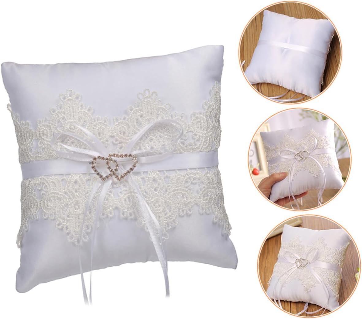 MAGICLULU White Lace Wedding Ring Pillow Double Hollow Heart Design Ring Bearer Cushion Romantic Engagement Proposal Decoration for Bridal Ceremony