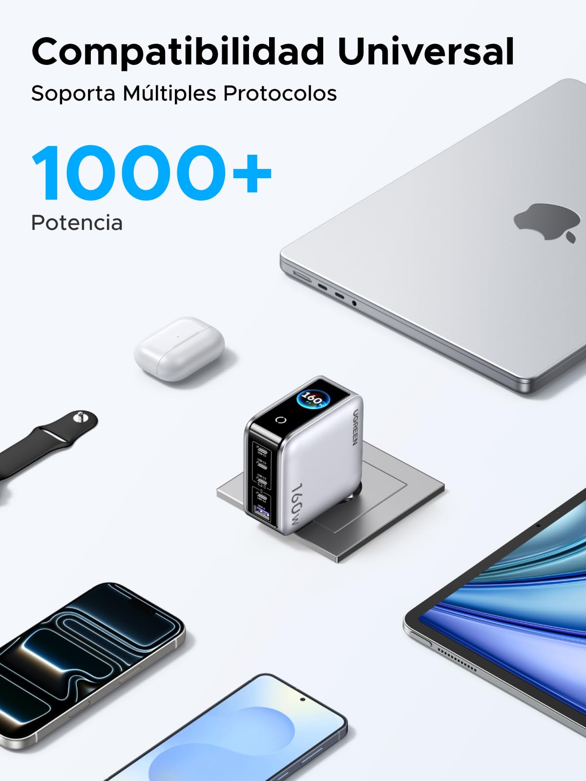 UGREEN Nexode Pro 160W Cargador USB C Carga Rápida Pantalla TFT PD 3.1 | 5 Puertos Compatible con iPhone 17 Pro MAX Air 16 15 14 13 Galaxy PPS 45W S26 25 24 Pixel 10 iPad MacBook M5 M4