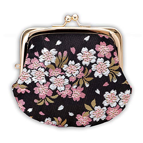 Japanese Coin pouch 4 inches black sakura design