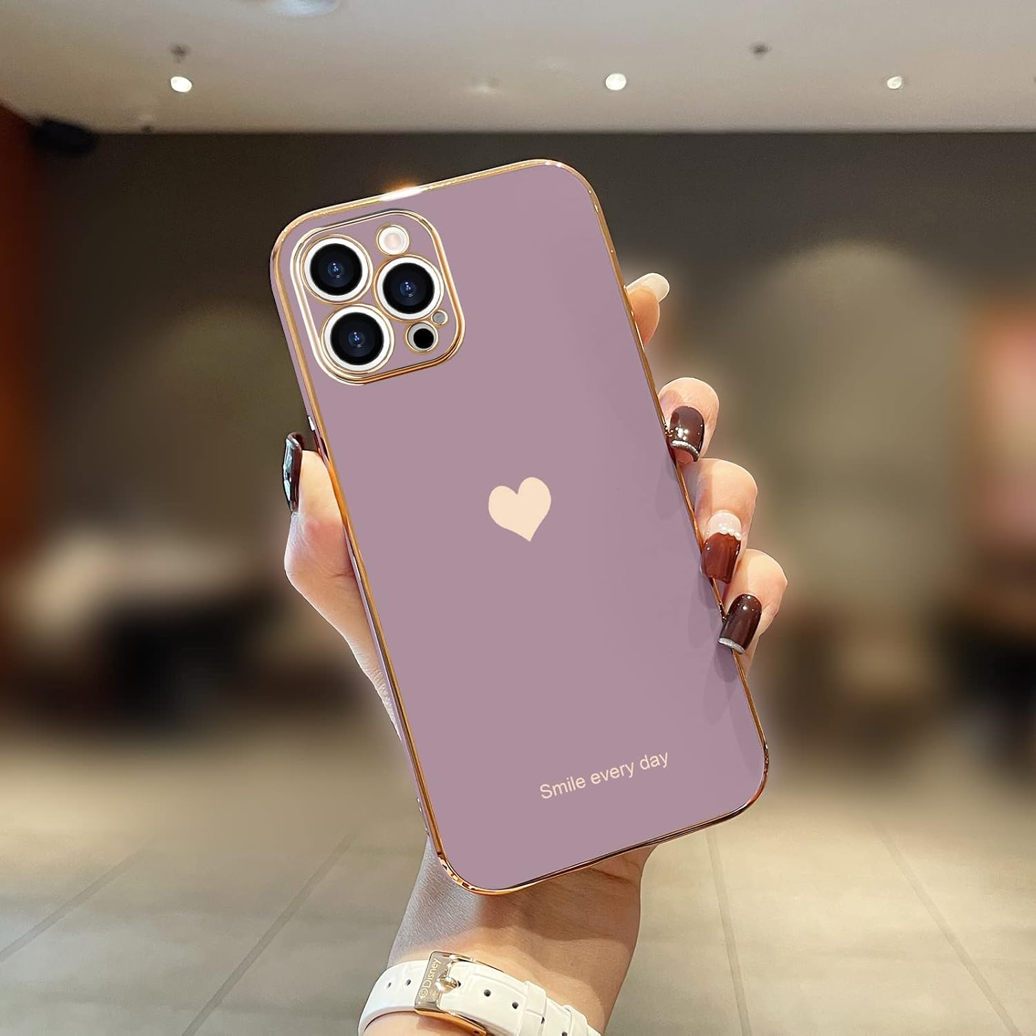 Teageo for iPhone 15 Pro Max Case with Screen Protector [2 Pack] Girl Women Cute Girly Love-Heart Luxury Gold Soft Cover Camera Protection Silicone Shockproof Phone Case iPhone 15 Pro Max, Lavender - Image 2