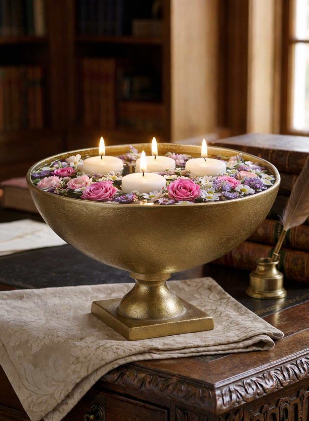 Serene Spaces Living Large Antique Brass Pedestal Bowl - Vintage Wedding Centerpiece and Flower Vase for Dining Table, Entryway Decor, 10" Diameter & 6.75" Tall