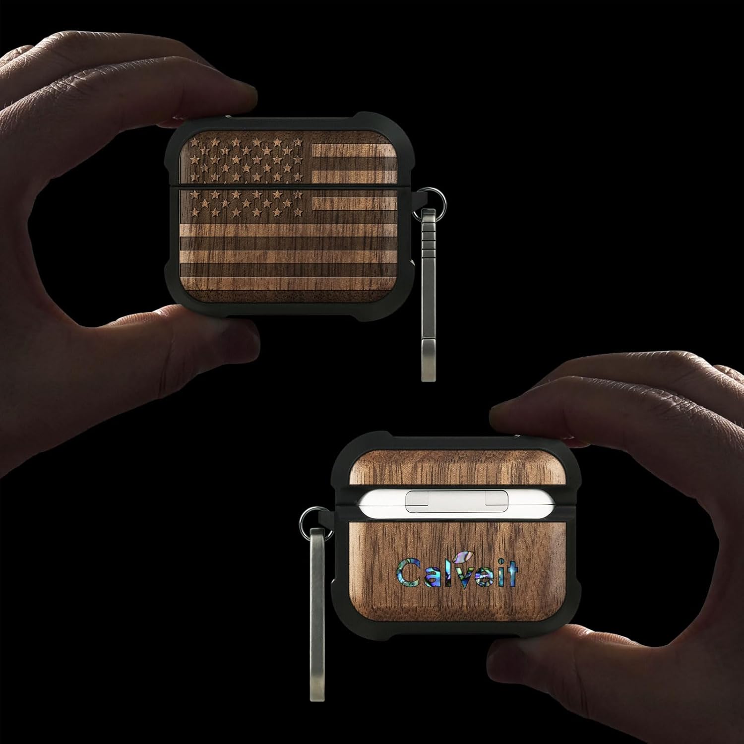 Carveit Wooden Case for AirPods Pro 2nd/1st Gen Case, Wood Artisan Engraved & TPU Shockproof Cover, Titanium Quick Released Clasp, Wireless Chargers Compatible (American Flag) Walnut