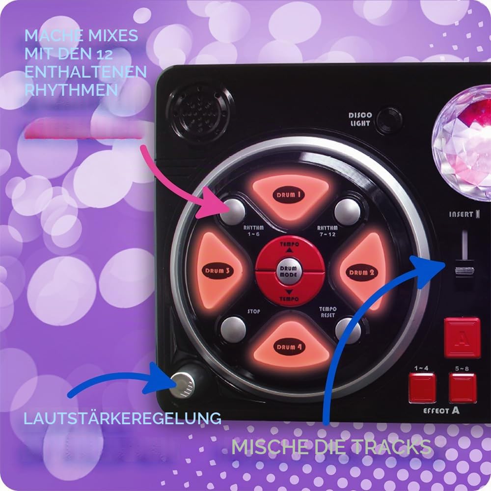 Deqube 916D00040 DJ-Mischpult mit verschiedenen Basen und Disco-Effekten, inklusive Leuchtkugel, Helmen und Mikro-Verbindung zu verschiedenen Geräten, +5 Jahre, Größe 39 x 4 x 20 cm