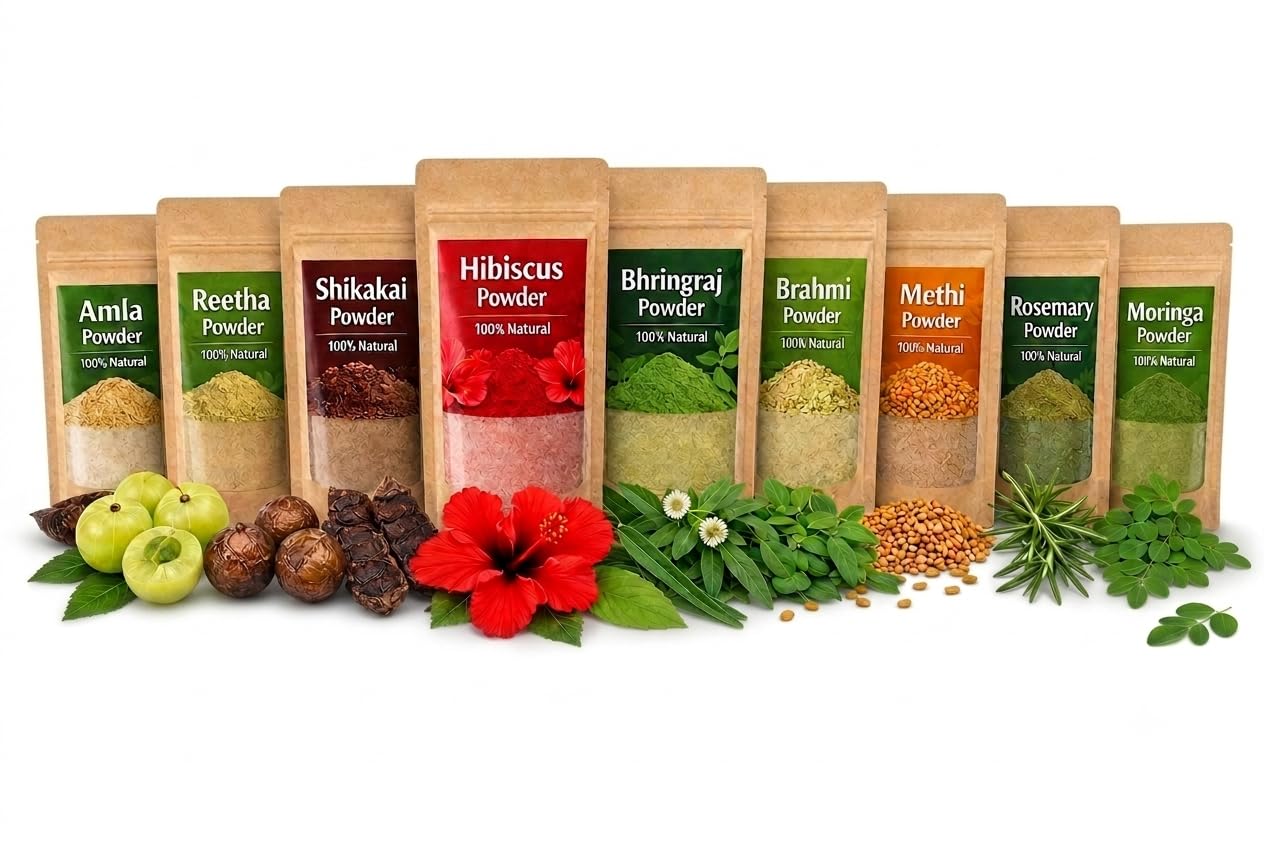Herbal Hair Care Powder Combo 9 Herbs 450g for All Hair Types | Amla, Ritha & Shikakai, Bhringraj & Brahmi Blend, DIY Hair Packs, Men & Women, 50g Each-image-21