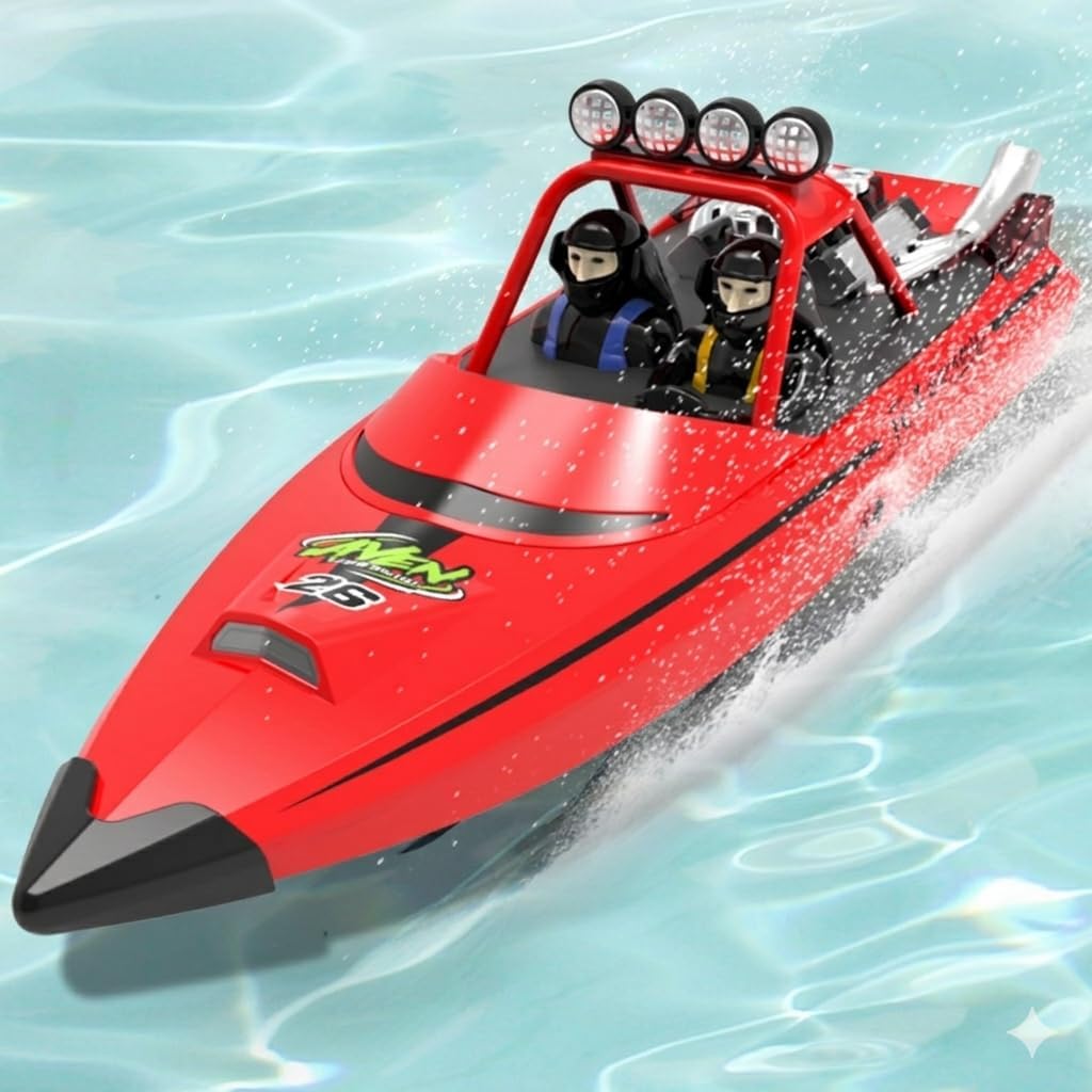 RC Boat W/ 2.4GHz Remote Control, 2 Rechargeable Batteries & LED Lights for Pool Lakes Water, High Speed RC Sport Jet Boat RTR for Adults Gifts Toys (Red)