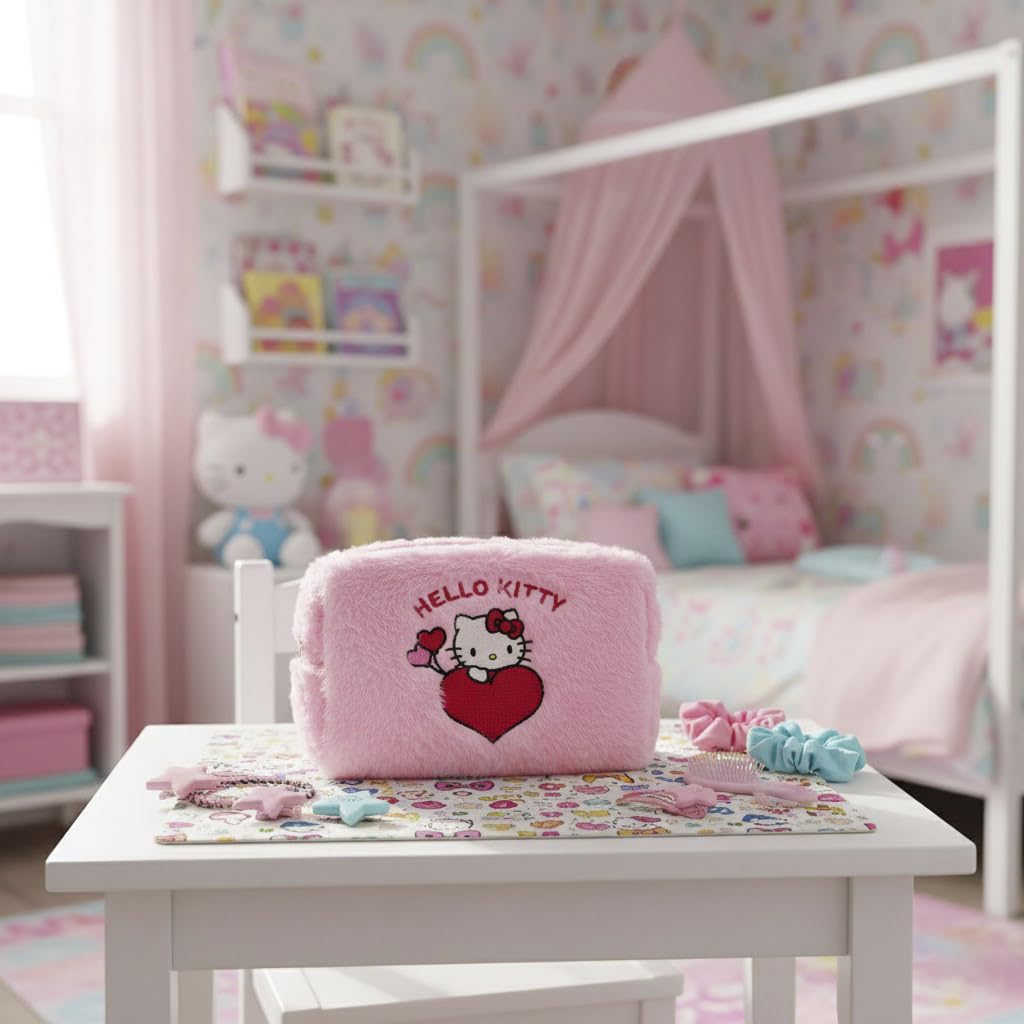 Image secondaire de Trousse de Toilette Hello Kitty en Fausse Fourrure Rose - Pratique et Spacieuse