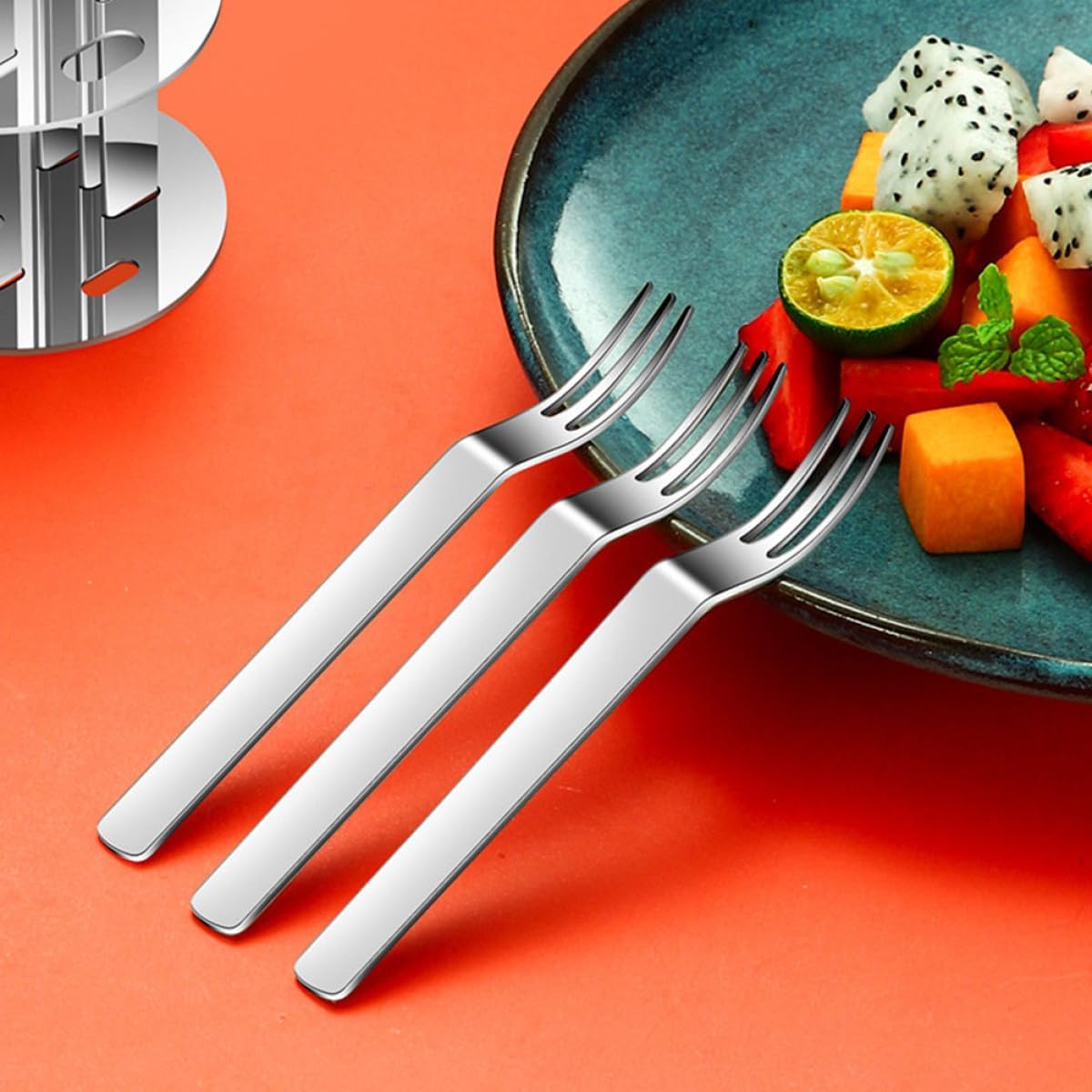 Beavorty 304 Stainless Steel Dessert Forks and Fruit Appetizer Forks Set with Stand, 6pcs Portable Party Flatware for Home, Camping, and Entertaining