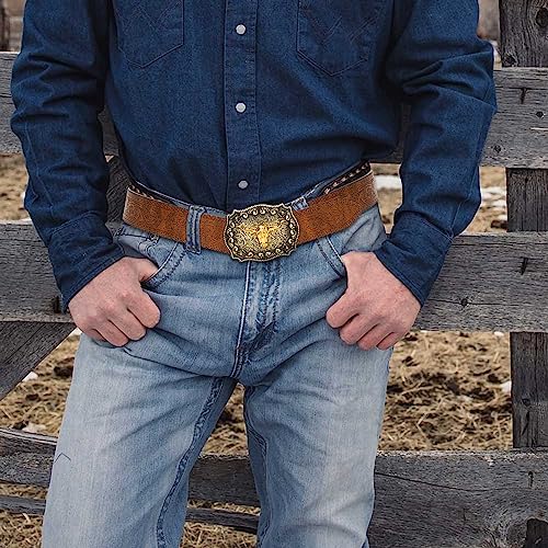 YCMI Western Cowboy Belts for Men Women - Bull Buckle Vintage Floral Engraved Belt for 28" to 40" waist 5