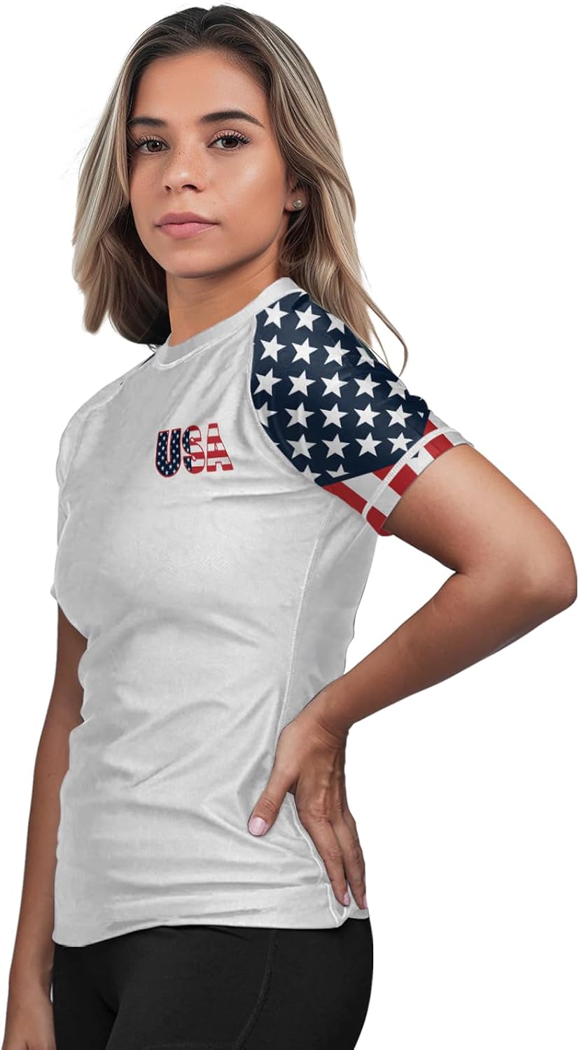 FORMONIES Patriot Women’s Short Sleeve Rash Guard – Compression Fit MMA BJJ No-Gi Shirt – Jiu Jitsu Fightwear