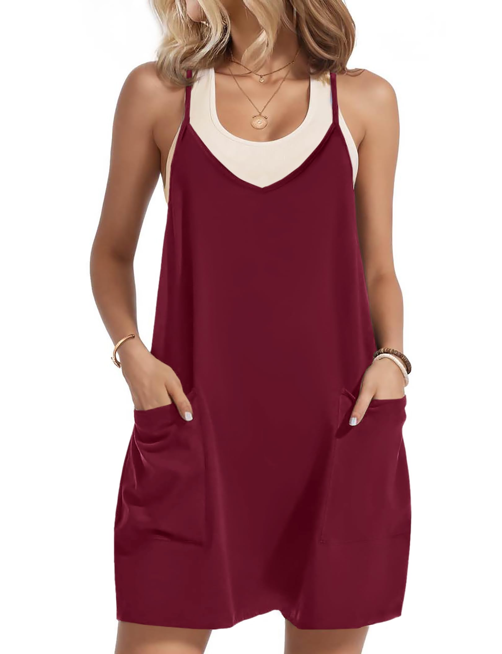 Zeagoo Latzrock Damen V Ausschnitt Spaghettiträger Latzkleid Ärmellos Kurz Overall Kleid Einfarbig Casual Minikleider Freizeitkleider mit Taschen S-XXL