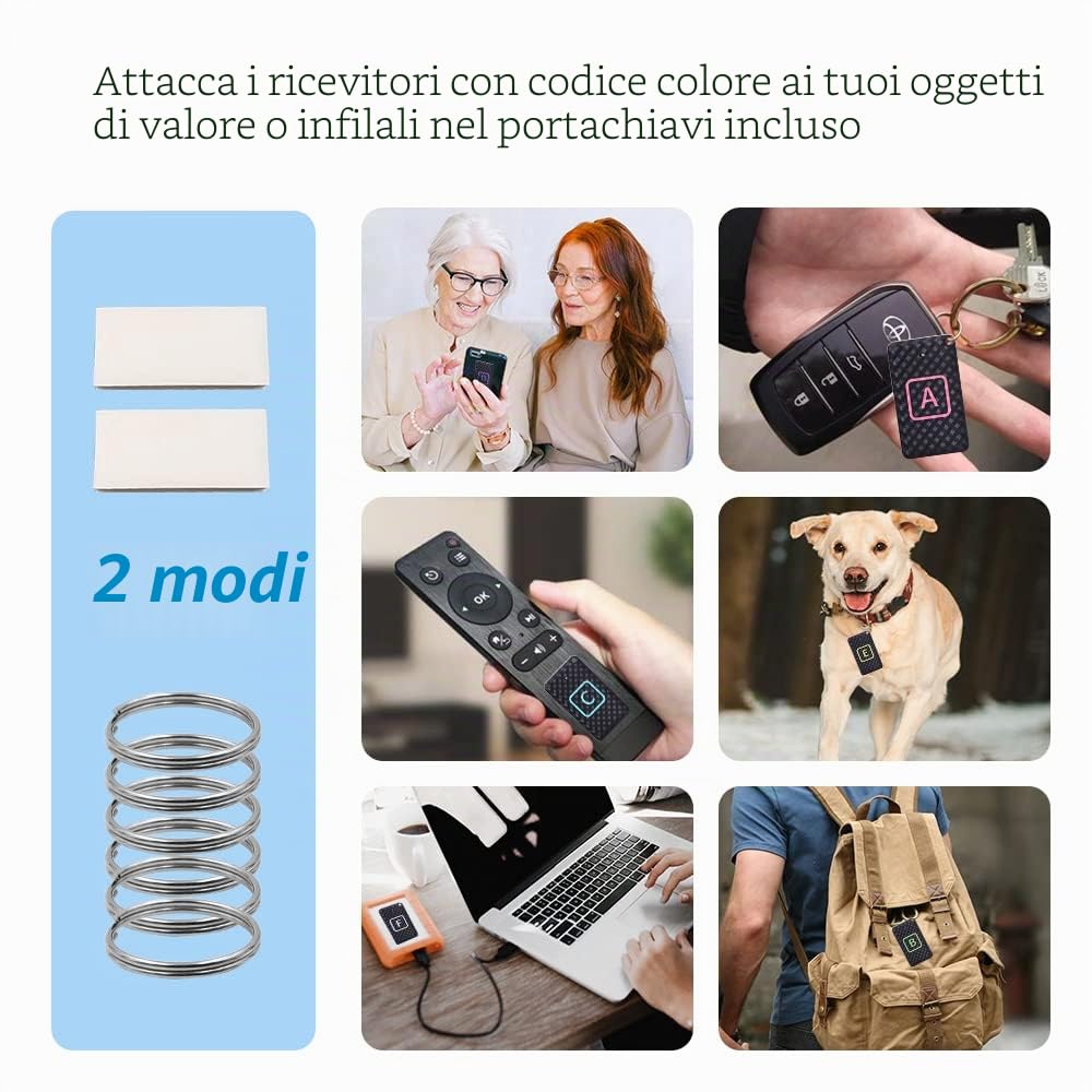 Trova-chiavi, RF Item Locator, con 2 trasmettitori e 6 ricevitori, segnali acustici da 85 dB, trova-chiavi senza fili, supporta il controllo remoto per localizzare animali domestici, borse