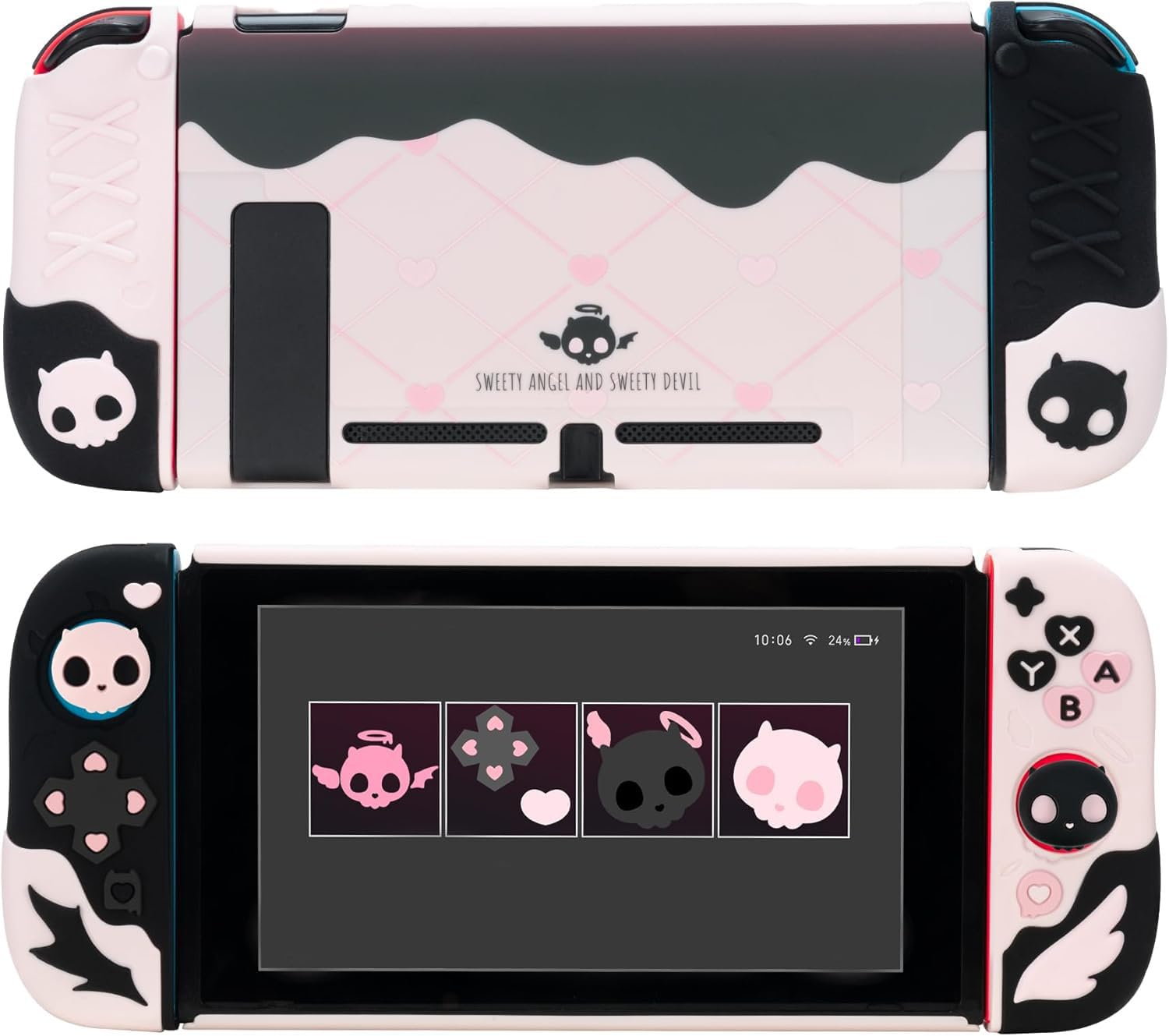 GeekShare Custodia Protettiva per Switch Custodia Slim Cover Morbida Custodia in Silicone Separata per Joycon con 2 Cappucci per Impugnatura per il Pollice, Teschio Sweetheart