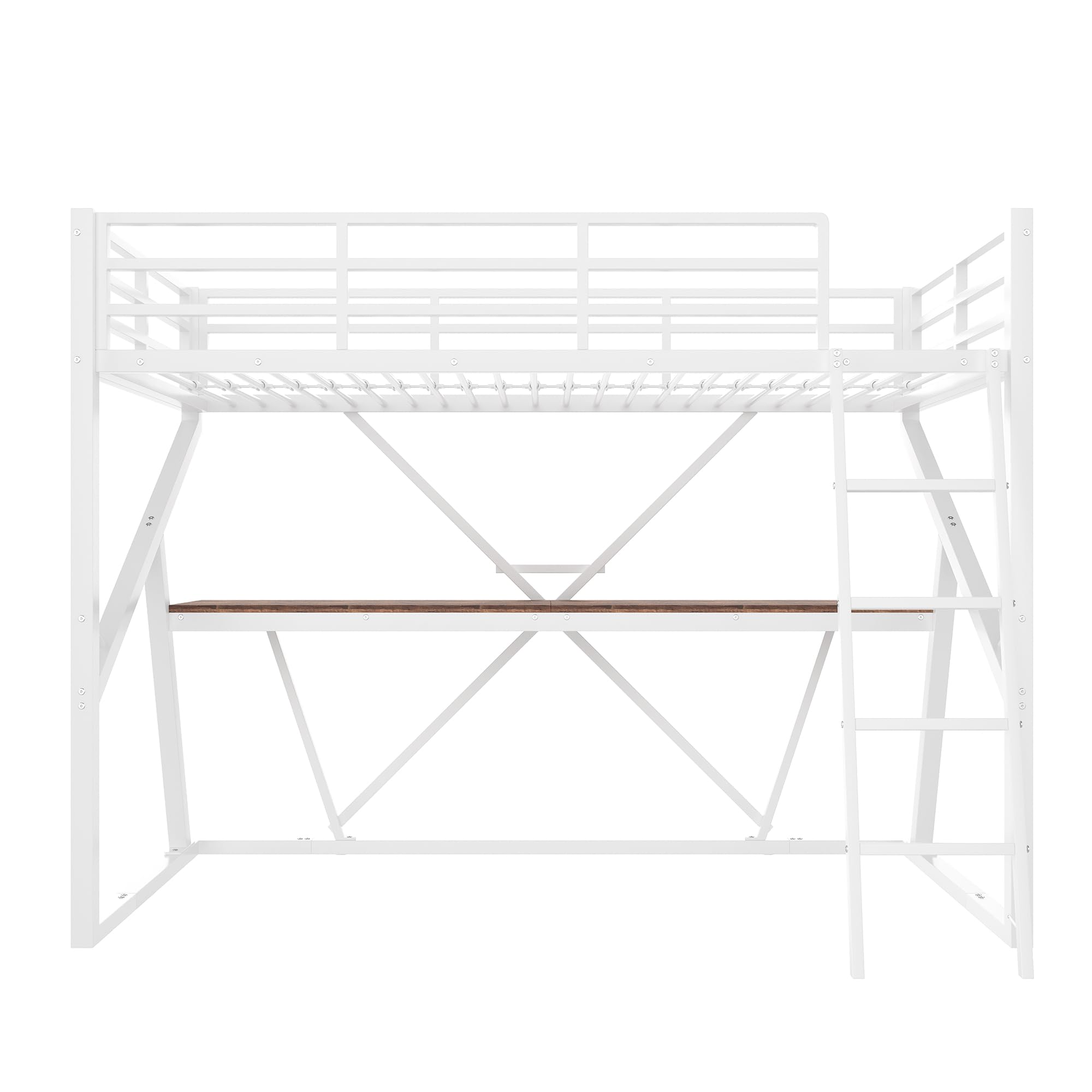 Cama alta de metal 90 x 200 cm, con luces LED, para niños, adolescentes y adultos, litera de metal con escritorio y escalera anticaídas, sin colchón (blanco)
