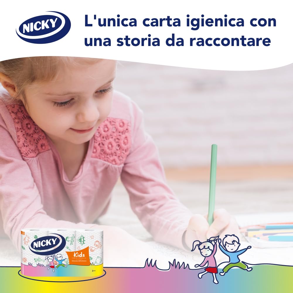 Nicky Kids – 42 Rotoli di Carta Igienica per Bambini, 170 Soffici Fogli a 3 Veli, Quattro Simpatiche e Colorate Trame, Ogni Rotolo Racconta una Storia, Carta 100% Certificata FSC