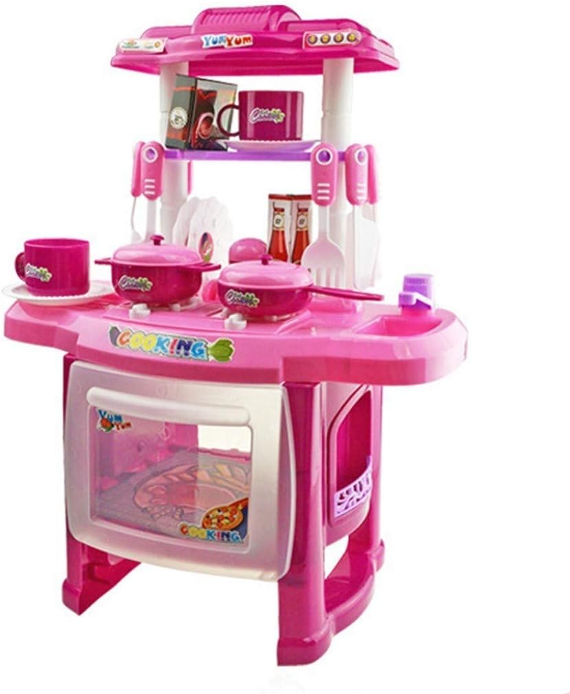 Auwish Girls Kitchen Playset | Plastic Kids Pretend Play Kitchen with Light Sounds Cooking Set Accessories Working Table Toys (Play Kitchen Playset for Christmas, Pink)