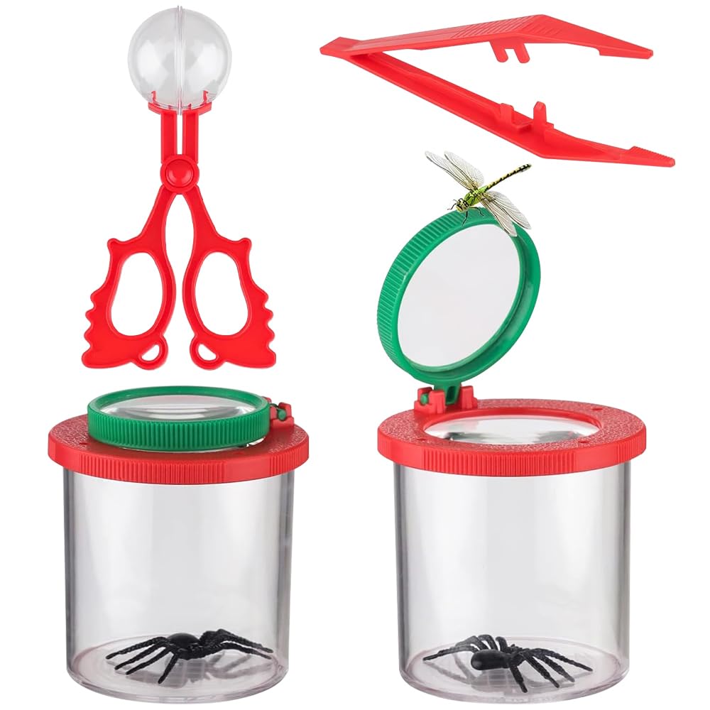 Lotvic 2 Piezas Caja de Lupa, Caja De Insectos De Aumento, Insectos Lupa Caja para Niños Educativos, Juego de Lupas con Pinzas, Vaso para Insectos con lupa, Lnsecto Cristal Con Lupa Niños