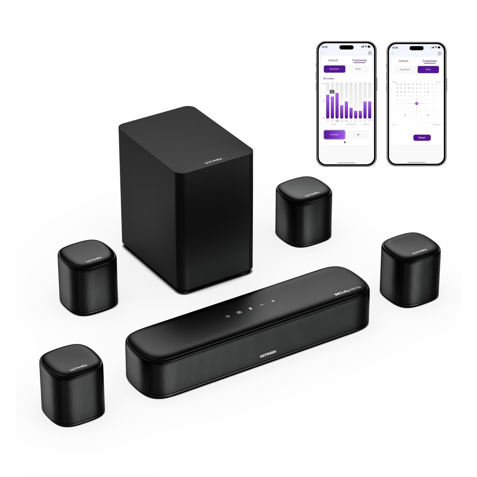 ULTIMEA 7.1 Canaux Barre de Son avec Dolby Atmos, Système de Son Surround avec 4 Haut-parleurs Surround, Barre de Son TV avec APP, Soundbar avec Caisson de Basses pour Home Cinéma, HDMI eARC, Aura A60