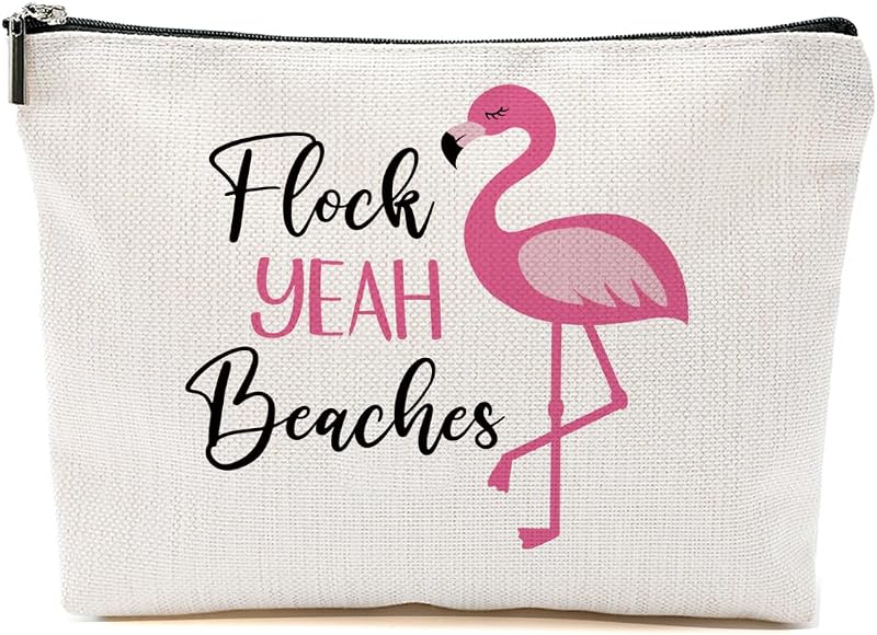 Necessaire de maquiagem BQXH com estampa Flamingo Beach e zíper
