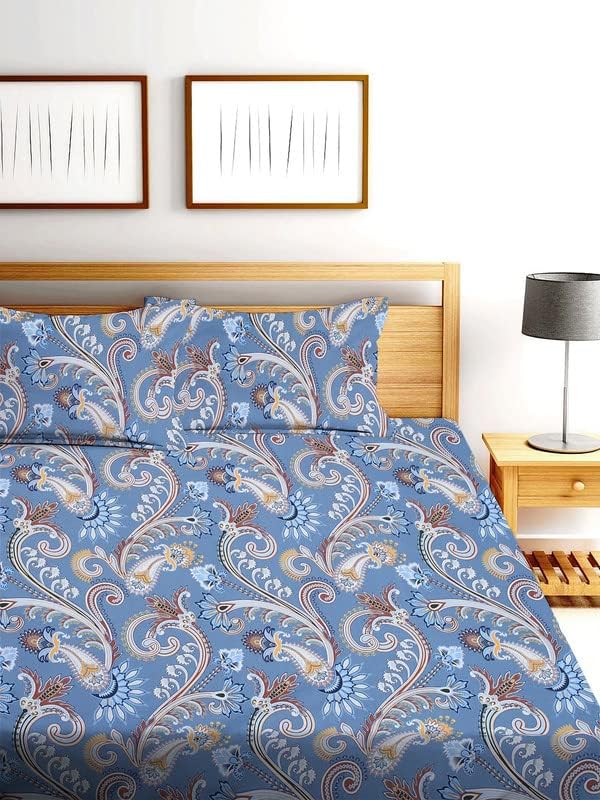 Image of NHD HOME Premium Cotton Elastic Fitted Floral Bedsheets with 2 King Size Pillow Covers | Double Bed with All Around Elastic 220 TC Supersoft |Size-72 King Sizex78+10 inches | Blue, Traditional Prints