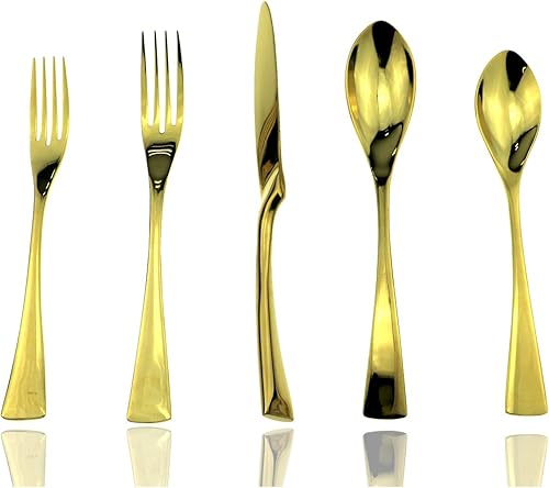 JASHII Juego de cubiertos dorados de pulido de espejo de lujo, juego de cubiertos de 20 piezas, utensilios de acero inoxidable 1810 para 4, tenedor
