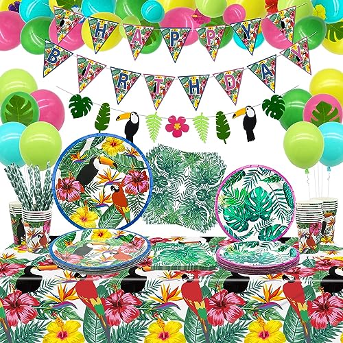XJLANTTE Hawaiian Luau Articles de fête - Bannière d'anniversaire tropicale, ballon en latex, feuilles de palmier, fleurs d'hibiscus, assiettes en papier, serviettes, tasses et nappe, pour 20 invités XJLANTTE Hawaiian Luau Articles de fête - Bannière d'anniversaire tropicale, ballon en latex, feuilles de palmier, fleurs d'hibiscus, assiettes en papier, serviettes, tasses et nappe, pour 20 invités