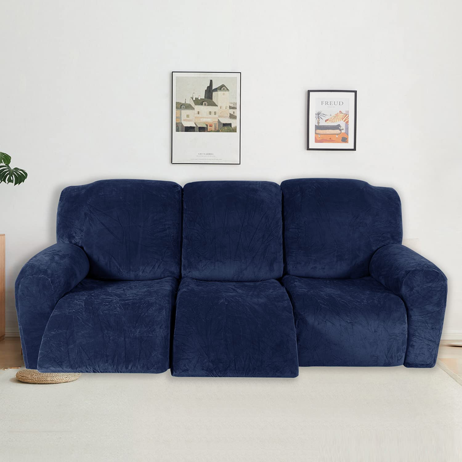 ele ELEOPTION Funda de Sillón Reclinable Relax, Funda de Sillón Extensible de Terciopelo, Funda de Sillón de Masaje Lavable en Casa, Protector de Sillón Reclinable - 3 Plaza (8 Piezas), Marina