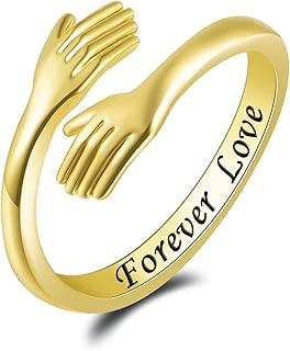 Women's Hug Ring for Lover - Gold / Silver / Rose Gold Plated "I Love You Forever" / "Forever Love" Engraved Hugging Ring, Love and Crafted Hug Ring, Hug Ring can adjustable size to 6 7 8 9 10. (Gold Forever Love Hug Ring)