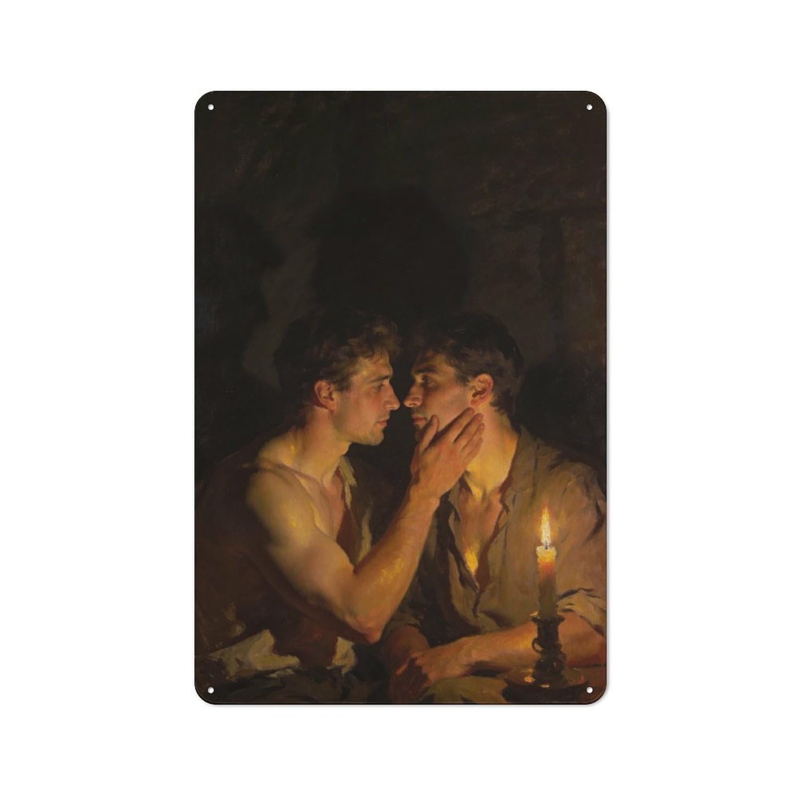 30x20cm Rustic Tin Wall Plaque with Two Men by Candlelight for Home Bar Wall, for Home Interiors, Feature Walls And Decorative Displays