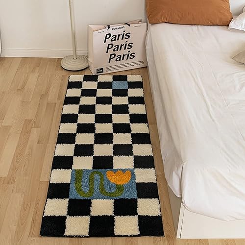 Miniatura 4 de S_SSOY Alfombra de tablero de ajedrez blanco y negro para sala de estar, 15.7 x 39.3 pulgadas, alfombra antideslizante para dormitorio, mesita de
