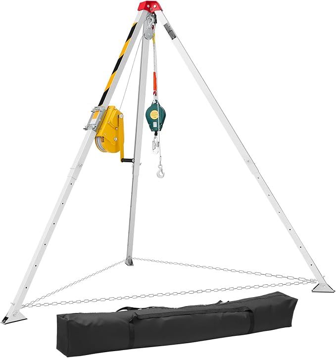VEVOR Confined Space Tripod Kit, Heavy Duty Rescue Tripod Lifting Hoist 2600 lbs Winch, 4.76 ft Adjustable Legs, 98.5 ft Cable Portable Kit, 32.8 ft Fall Protection, 5.25-8.04 ft Working Height