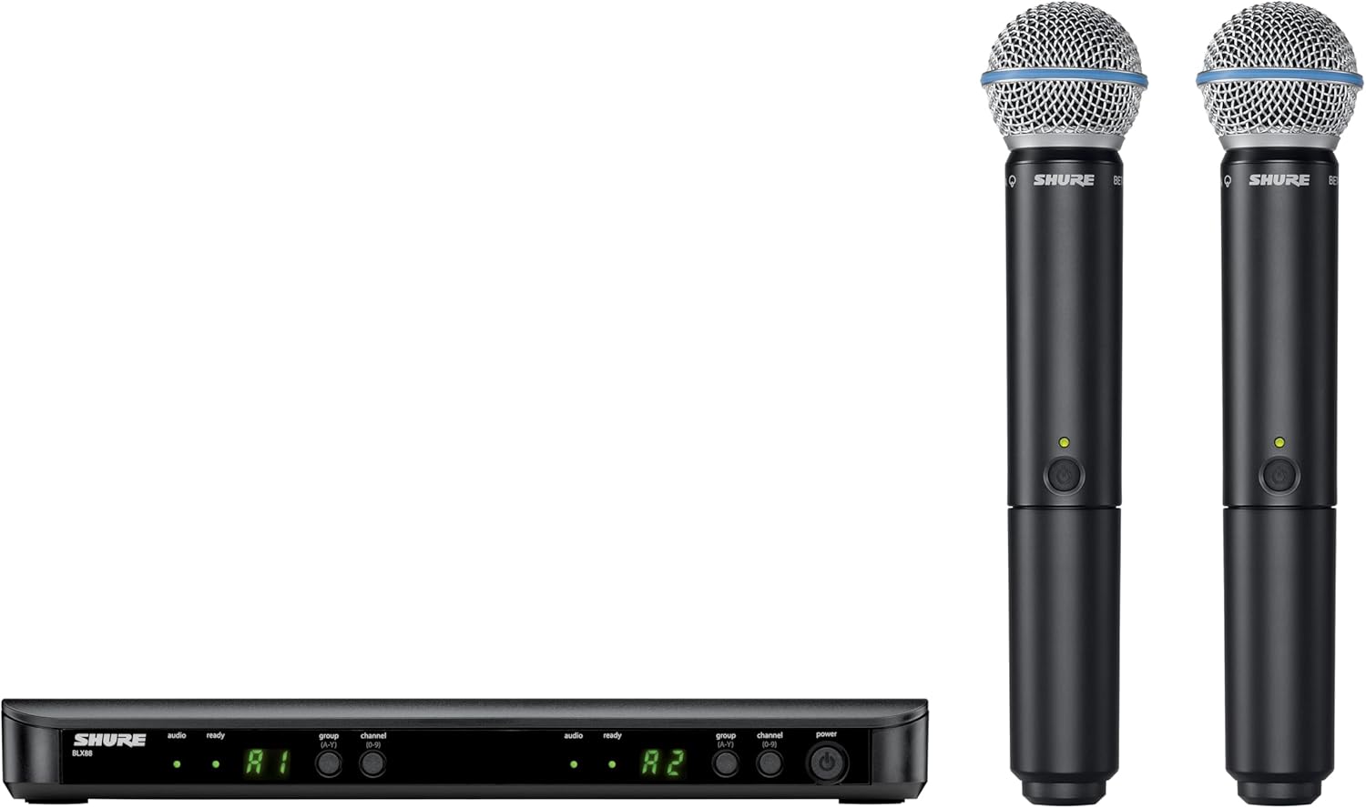 Shure BLX288/B58 Wireless Microphone System - 14-Hour Battery Life, 300 ft Range, UHF | Includes (2) BETA 58A Handheld Vocal Mics, Dual Channel Receiver | H11 Band (BLX288/B58-H11)