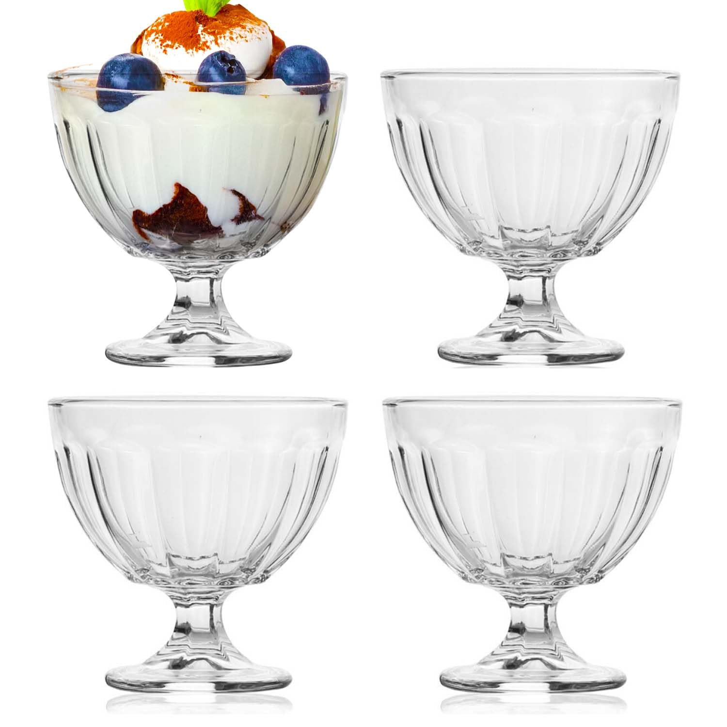 UNIQUE HOME LIVING Ice Cream Bowls Set of 4, 400ml Dessert Serving Glass Bowl for Ice Cream Sundae Fruit Cocktail Trifle Bowls, Pudding Glass Cups, Wide Bowl Dessert Glasses, Dishwasher Safe Cups