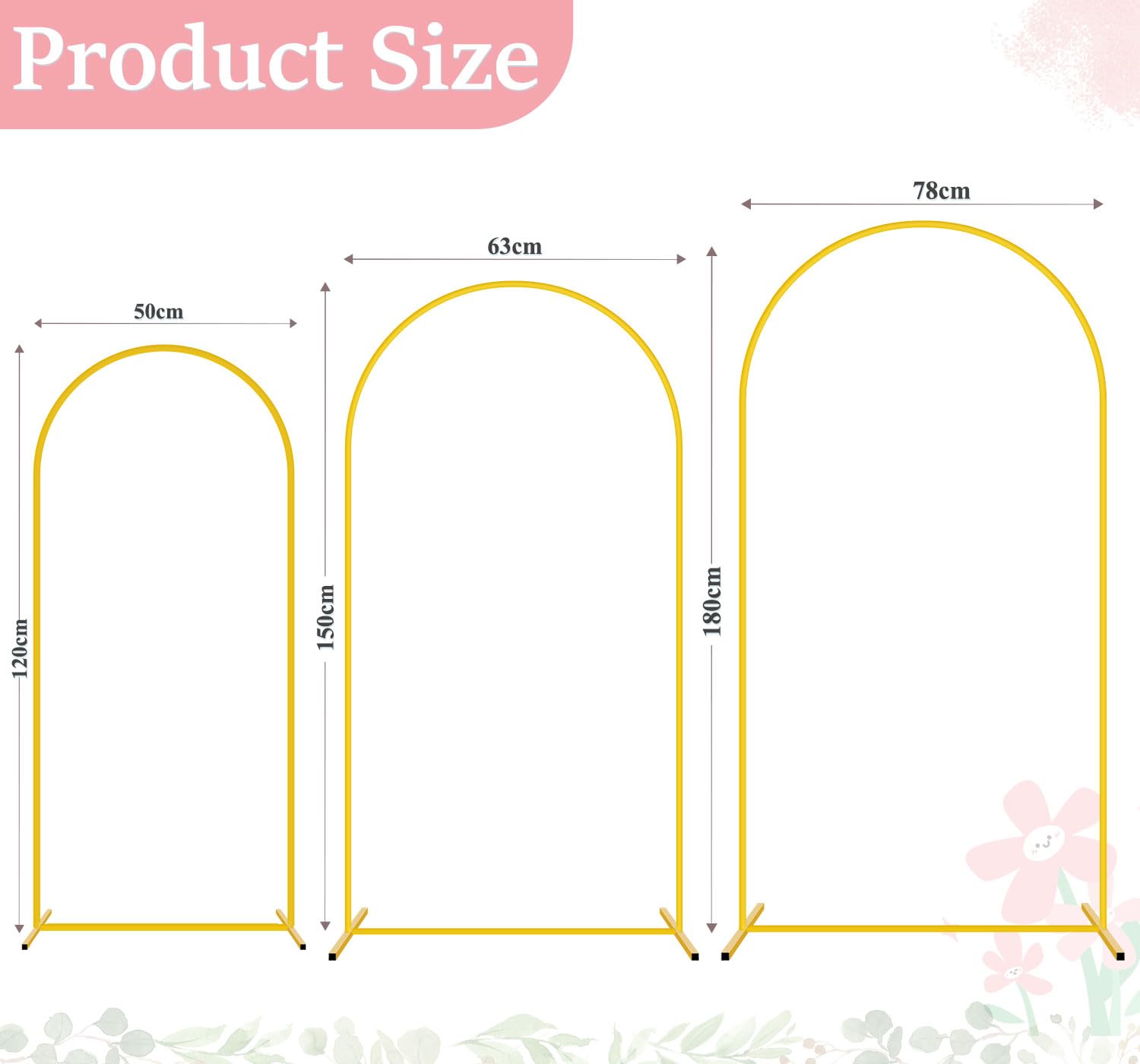 FUHSY Ensemble de support en métal pour arc de mariage de 3 pièces, or, support de fond de fête 1,2 m, 1,5 m, 1,8 m, cadre cintré en ballon, support pour arc de fond Chiara pour jardin, décoration de