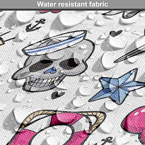 Image of Ambesonne Colorful Fabric by The Yard, Cartoon Illustrated Skulls Hearts Flowers Sparrows Cherries Eyes Anchors, Decorative Fabric for Upholstery and Home Accents, 3 Yards, Grey Magenta