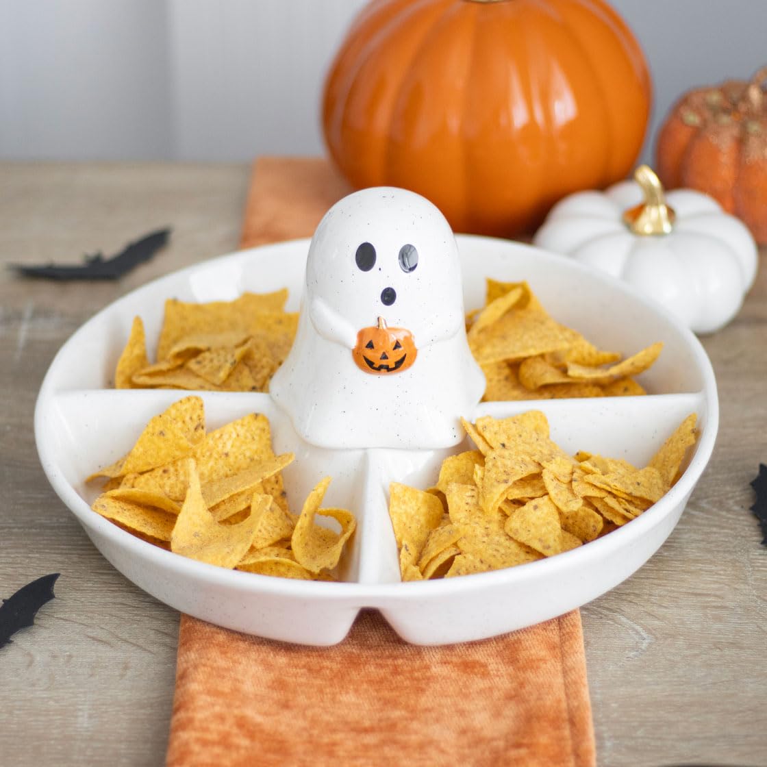 Something Different Wholesale Piatto per snack con patatine e salse fantasma: adorabile decorazione per feste di Halloween con accento di zucca, doppia funzionalità, durevole e facile da pulire,