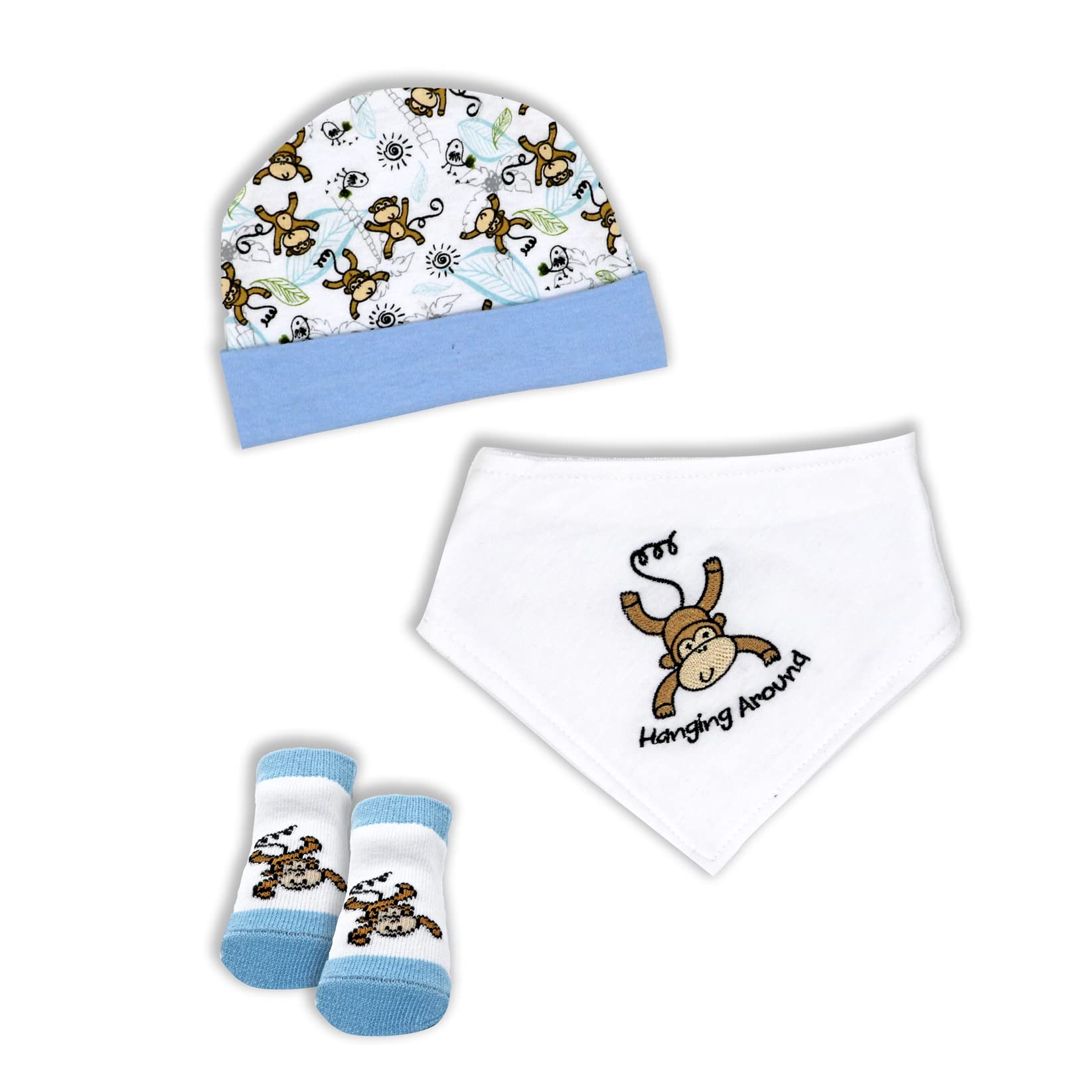 TendertymeBlue Monkey Beanie, Bib and Socks Set, 3 Pieces
