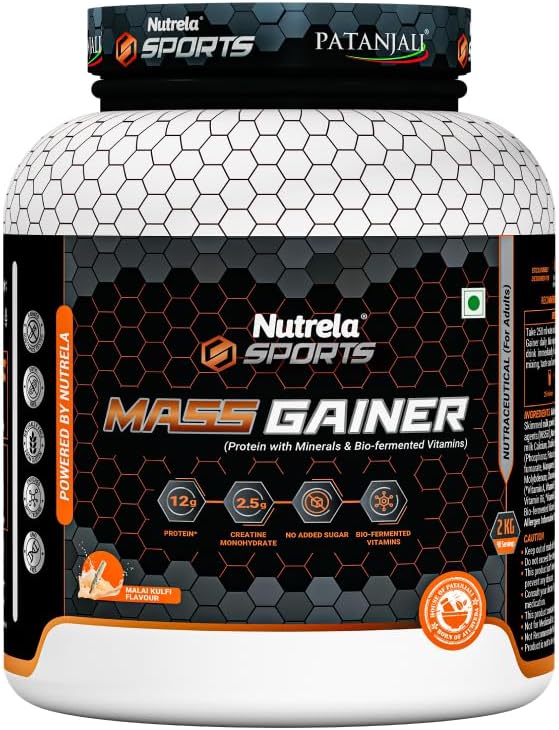 - Nutrela Sports Mass Gainer Protein Powder 2 kg (Malai Kulfi) | With 2.5g Creatine, 33.1g Carbs & Biofermented Vitamins