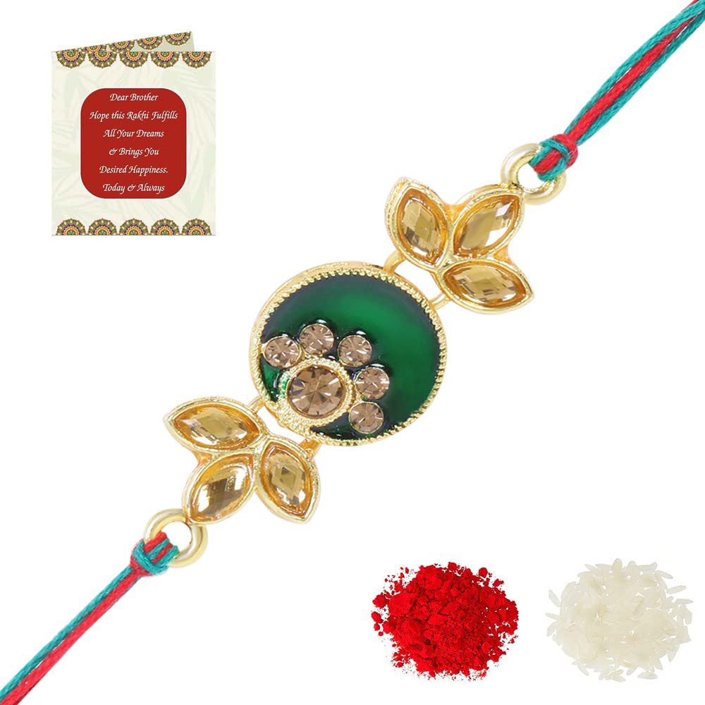 Riddhika Ventures Alluring Gold Plated Floral and Pearl Rakhi (Bracelet) with Roli Chawal & Greeting Card for Men (P9) (B08BP9DKKH) Amazon Price History, Amazon Price Tracker