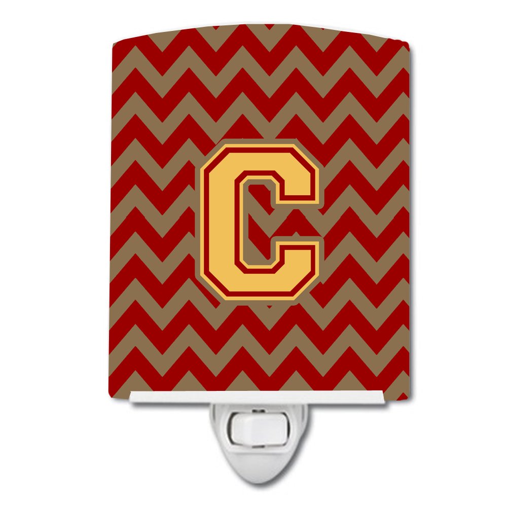 Caroline's Treasures CJ1048-CCNL Letter C Chevron Garnet and Gold Ceramic Night Light Compact, UL-Certified, Ideal for Bedroom, Bathroom, Nursery, Hallway, Kitchen, 6x4x3, Multicolor