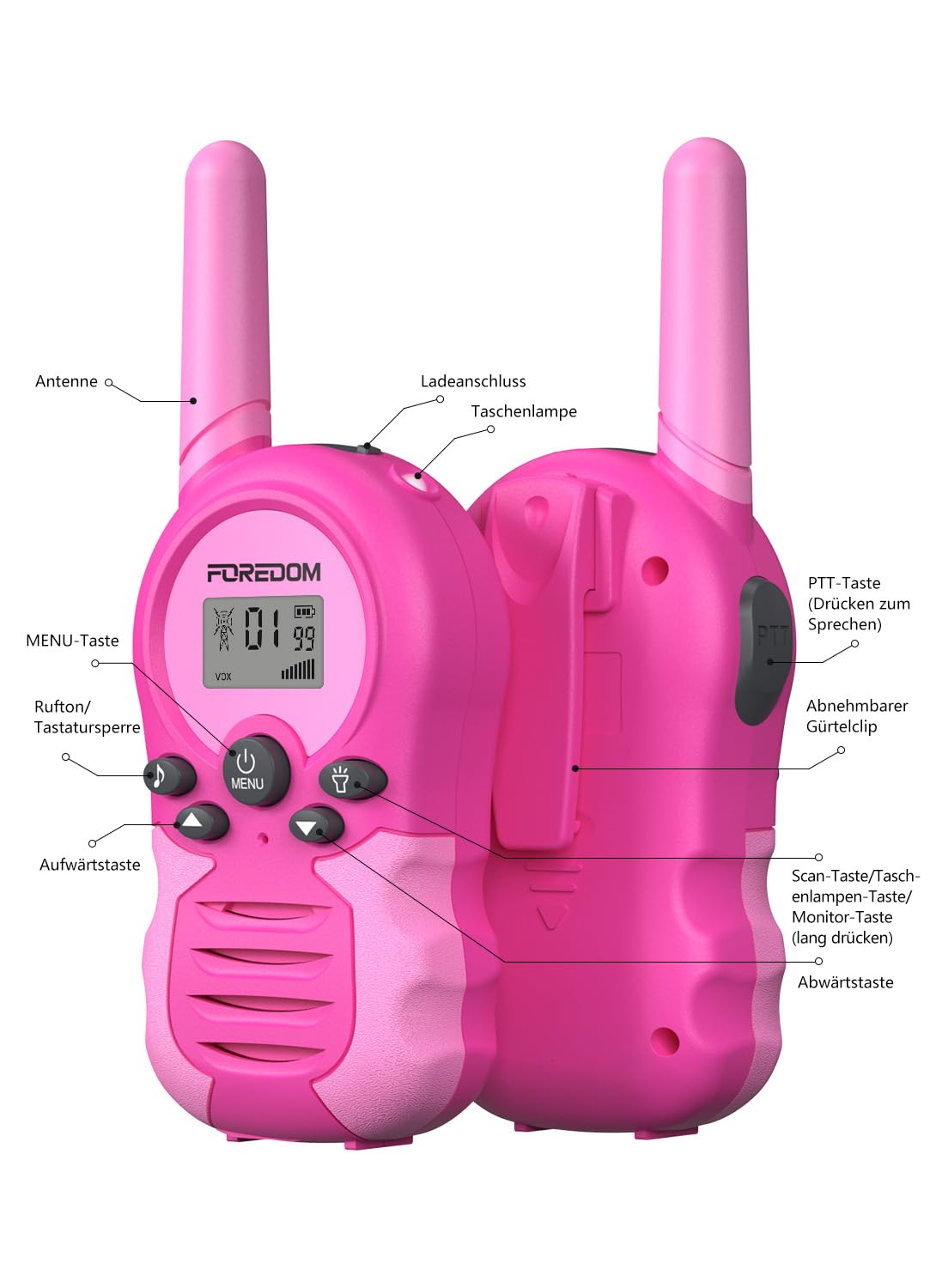 FOREDOM Wiederaufladbare Walkie Talkies für Kinder Walkie Talkies Funkgeräte Set Spielzeug für Jungen & Mädchen 3-12 Jahre, Abenteuer, Camping, Wandern – 2er Set